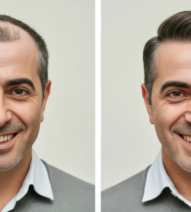 Lächelnder Mann vor und nach einer Haartransplantation
