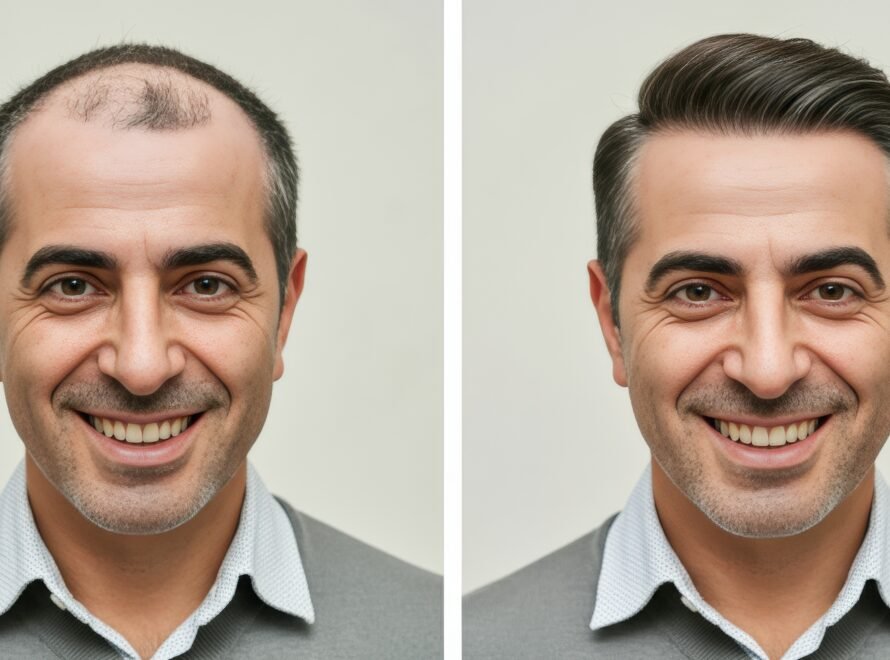 Lächelnder Mann vor und nach einer Haartransplantation