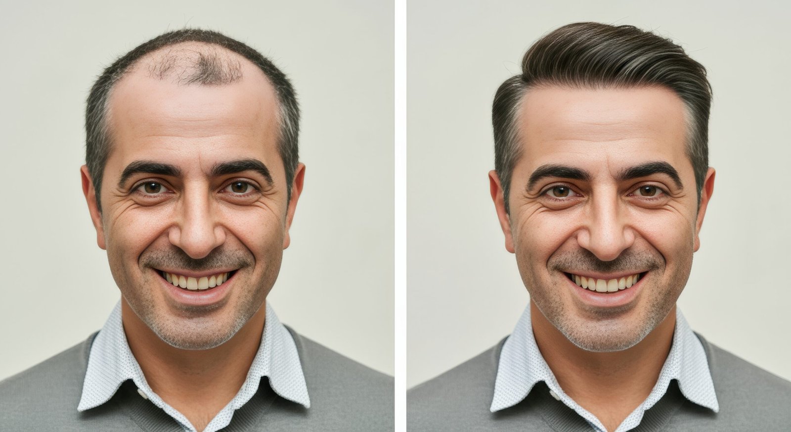 Lächelnder Mann vor und nach einer Haartransplantation